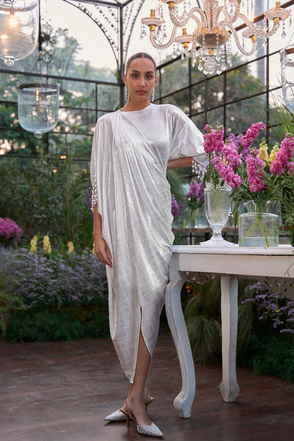 White/Silver Metallic Draped Kaftan Dress with Pearl Tassels