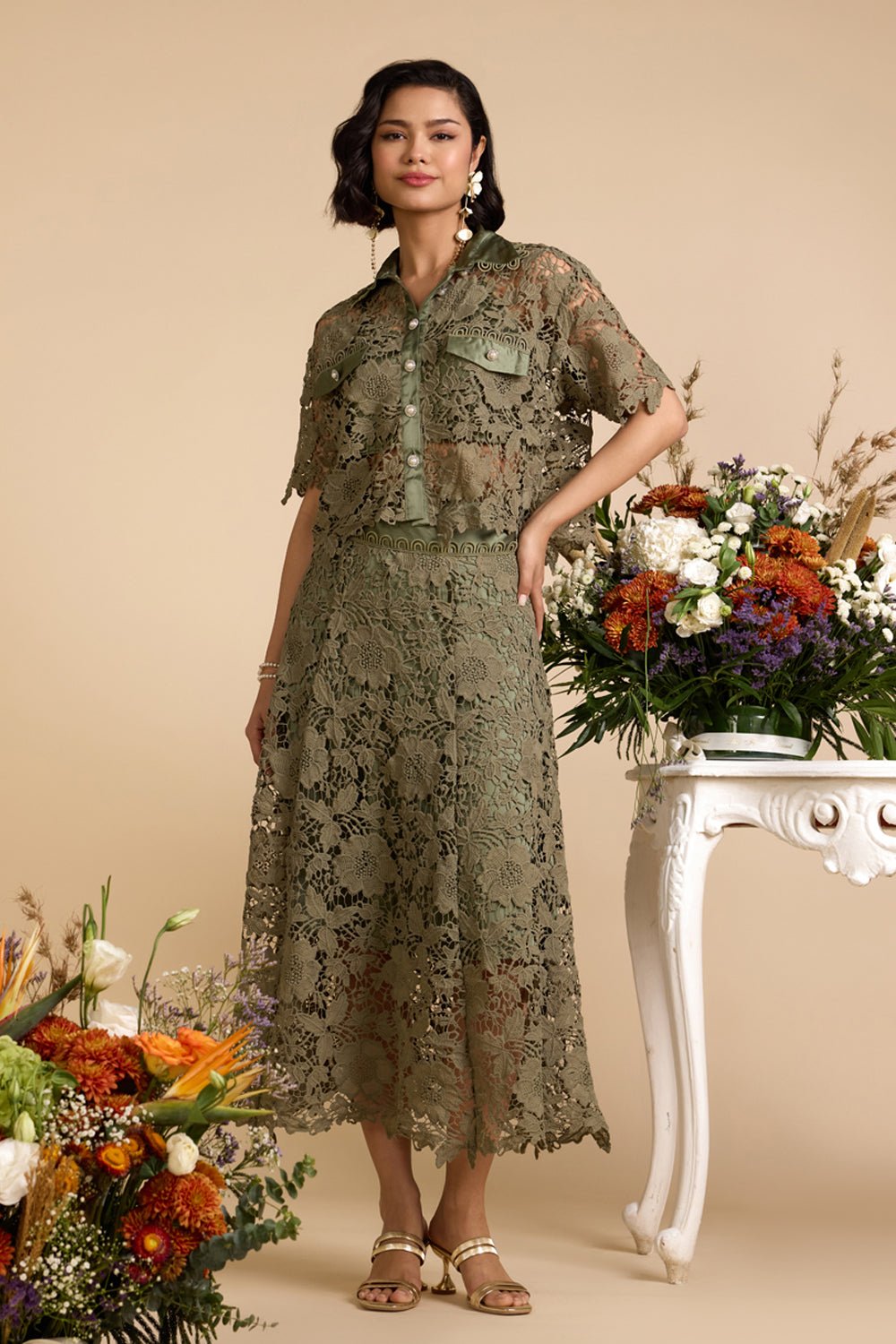 Olive Green Lace Shirt and Midi Skirt Co-ord Set