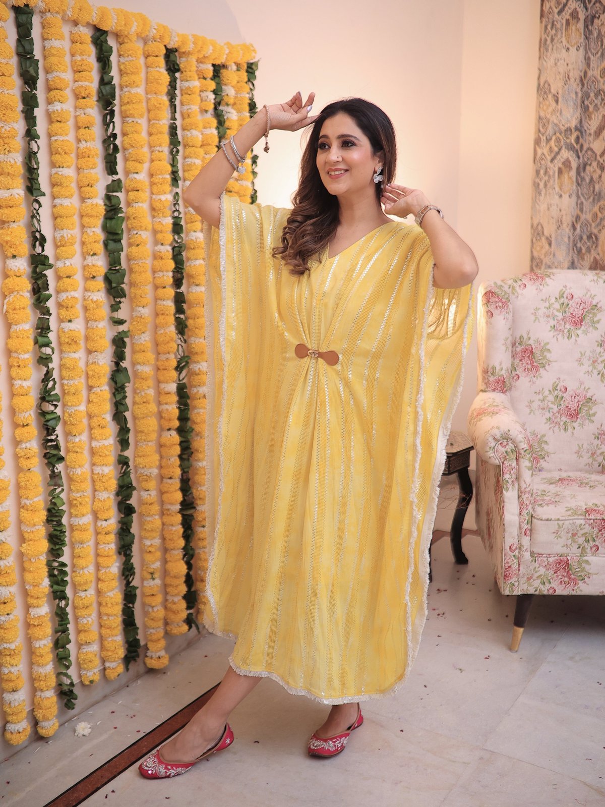 Yellow Metallic Striped Kaftan with Buckle Detail