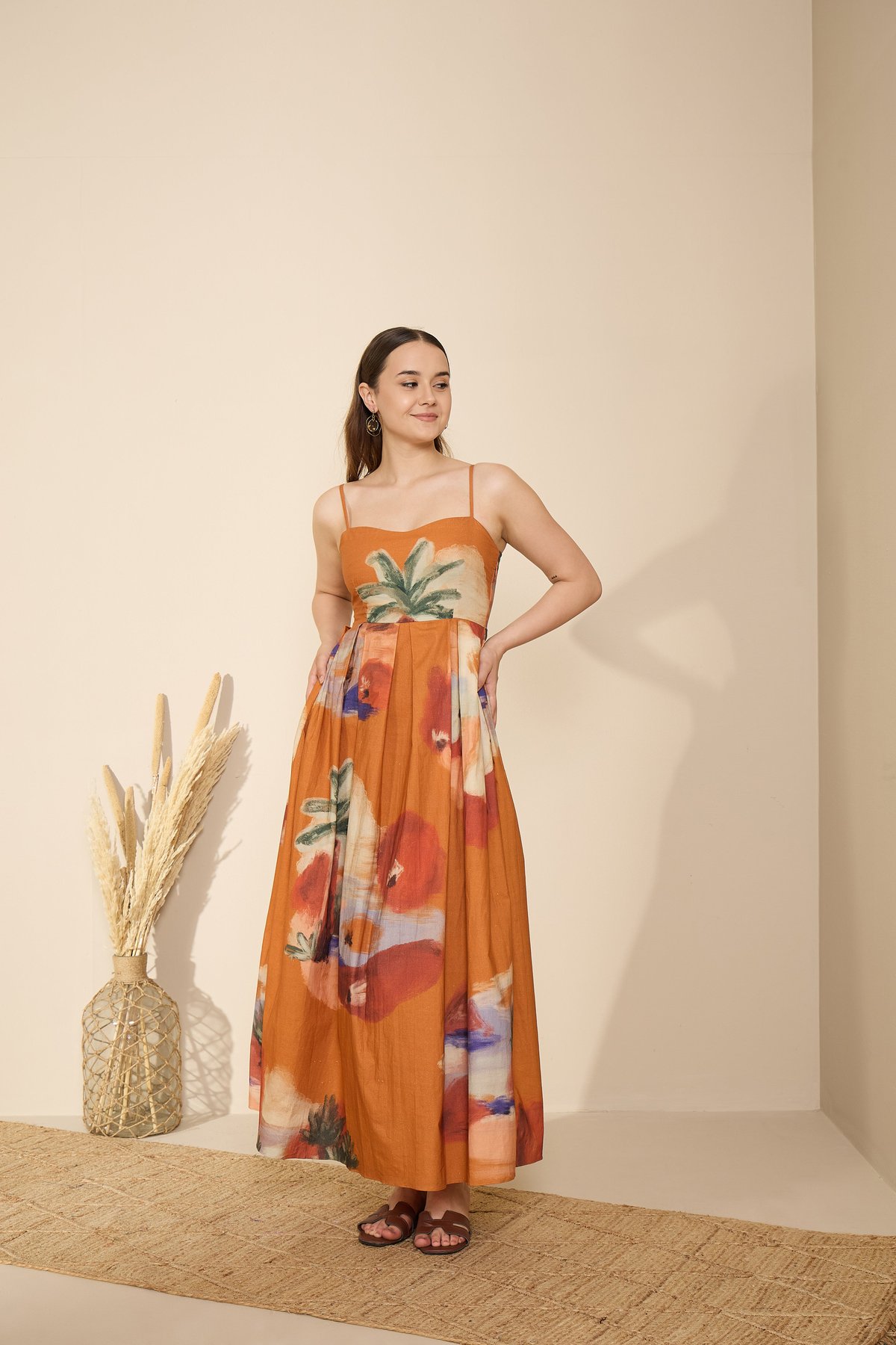 Rust Printed Cotton Poplin Fit and Flare Maxi Dress