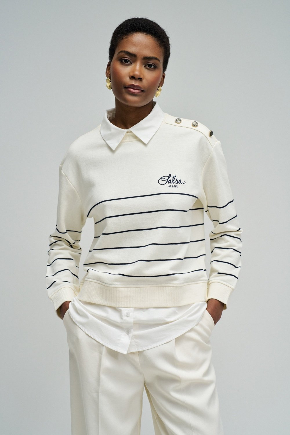 Light Beige Striped Crew Neck Sweatshirt
