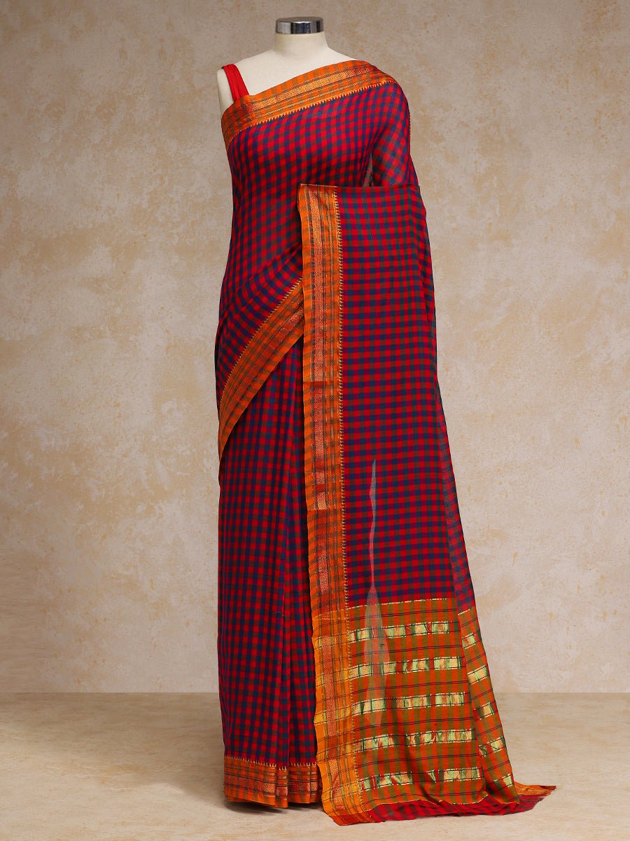 Blue-Red Check Cotton Silk Kanchi Chettinad Saree