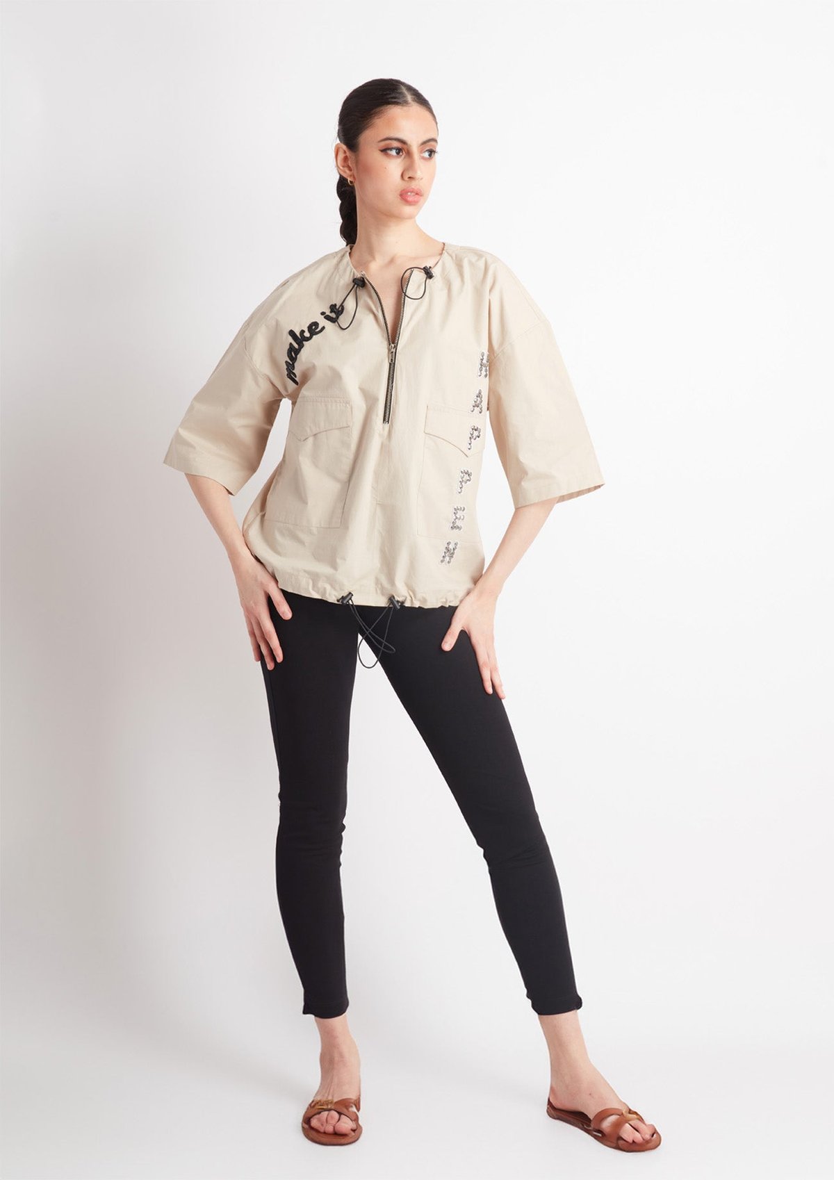 Beige Cotton Boxy Shirt with Zip Neck and Utility Pockets