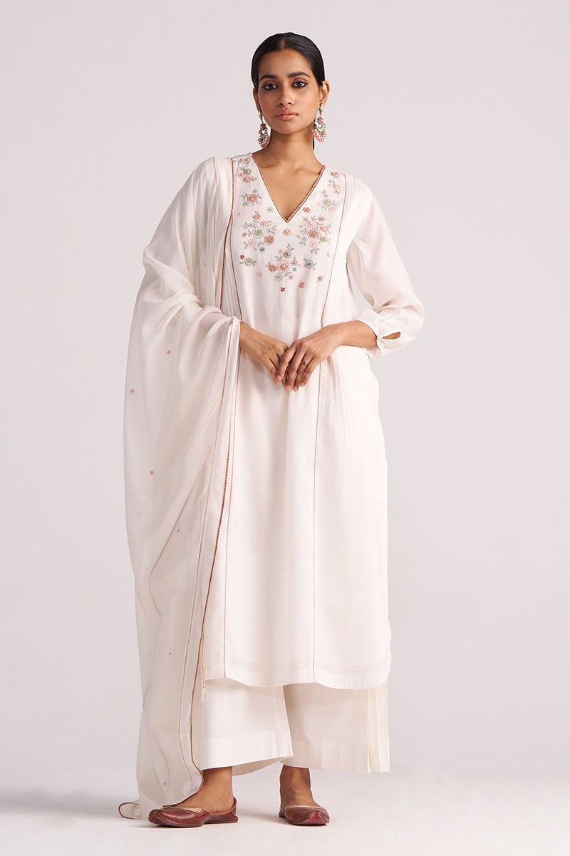 Ivory Embroidered Straight Kurta Set with Dupatta
