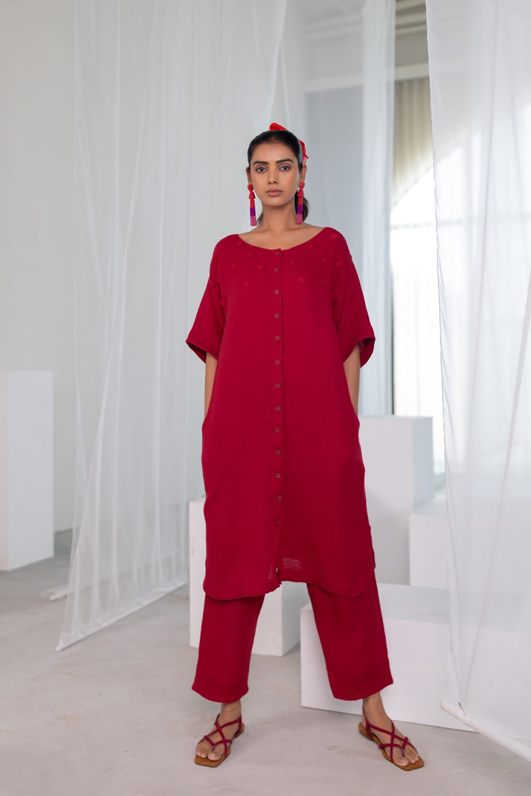 Maroon Button-Down Straight Kurta Set with Crochet Detail