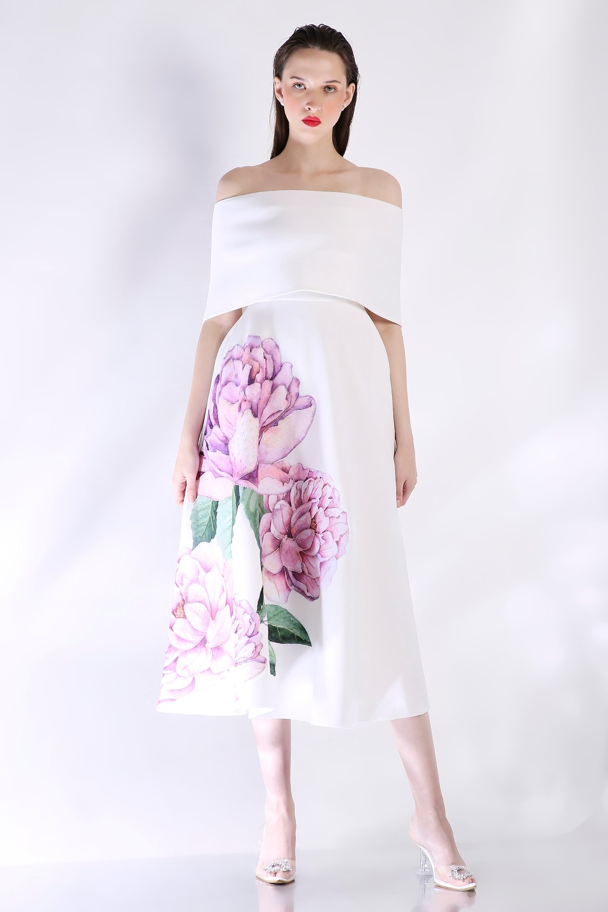 Off-Shoulder Off-White Floral Print Midi Dress