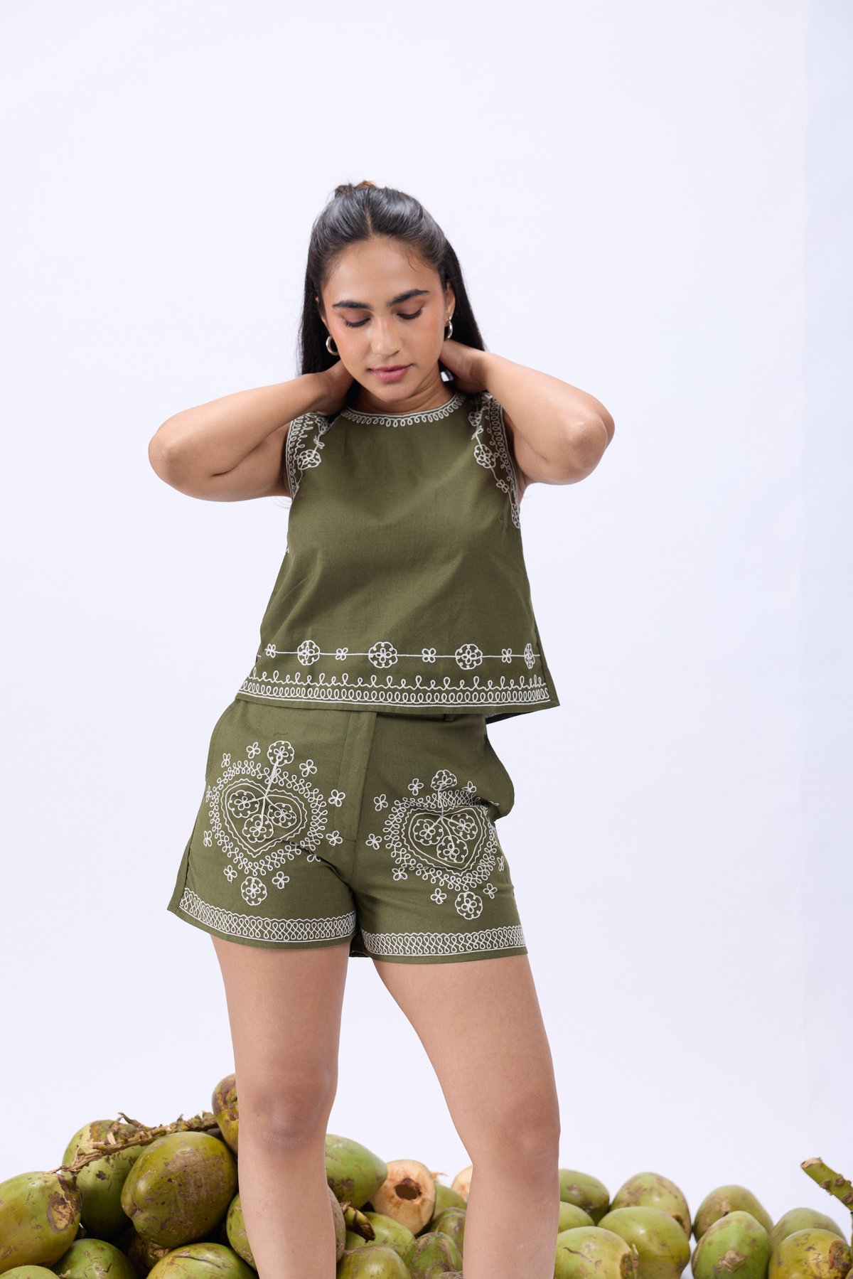 Olive Green Ari Embroidered Blouse and Shorts Co-ord Set