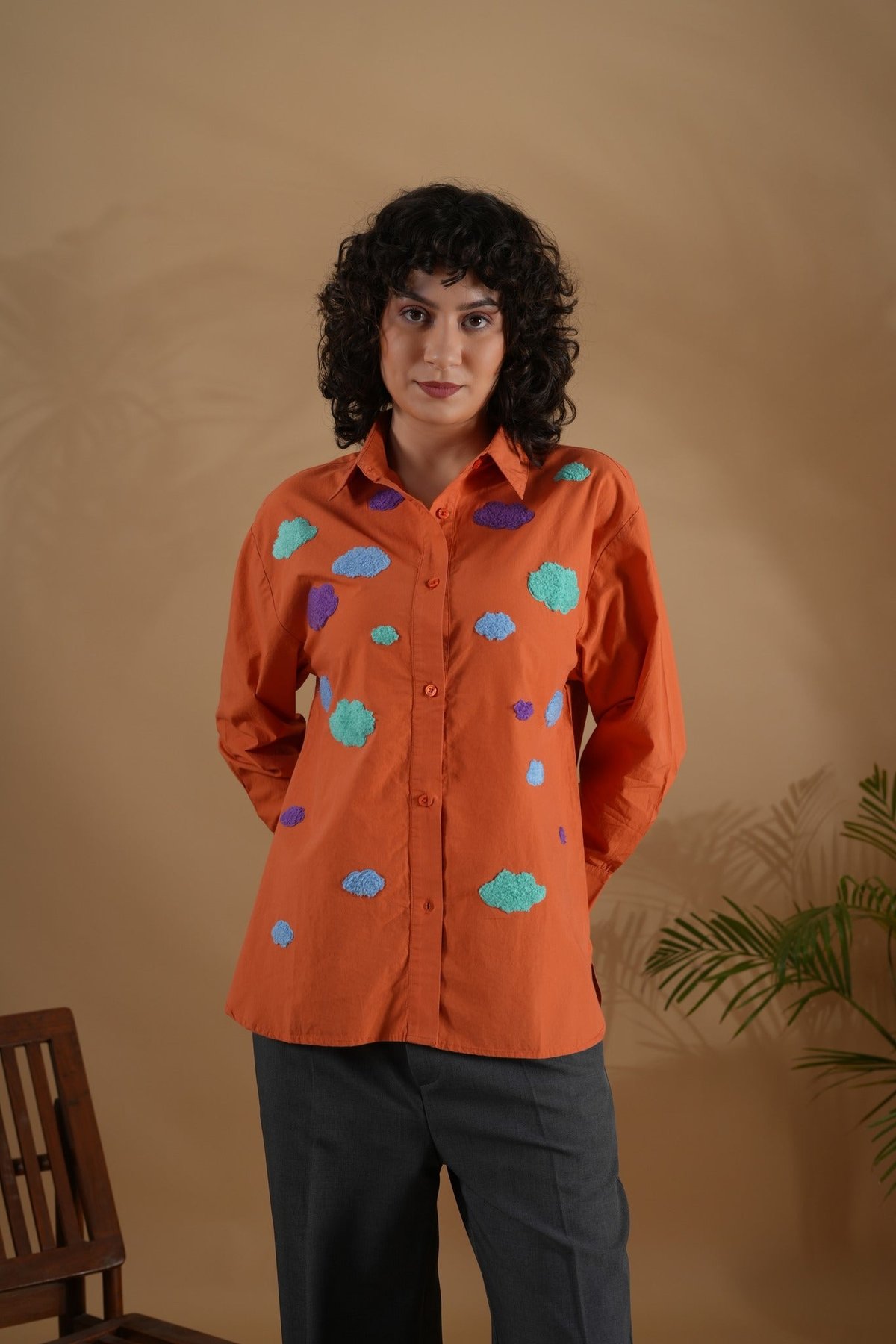 Orange Cotton Comfort-Fit Embroidered Shirt