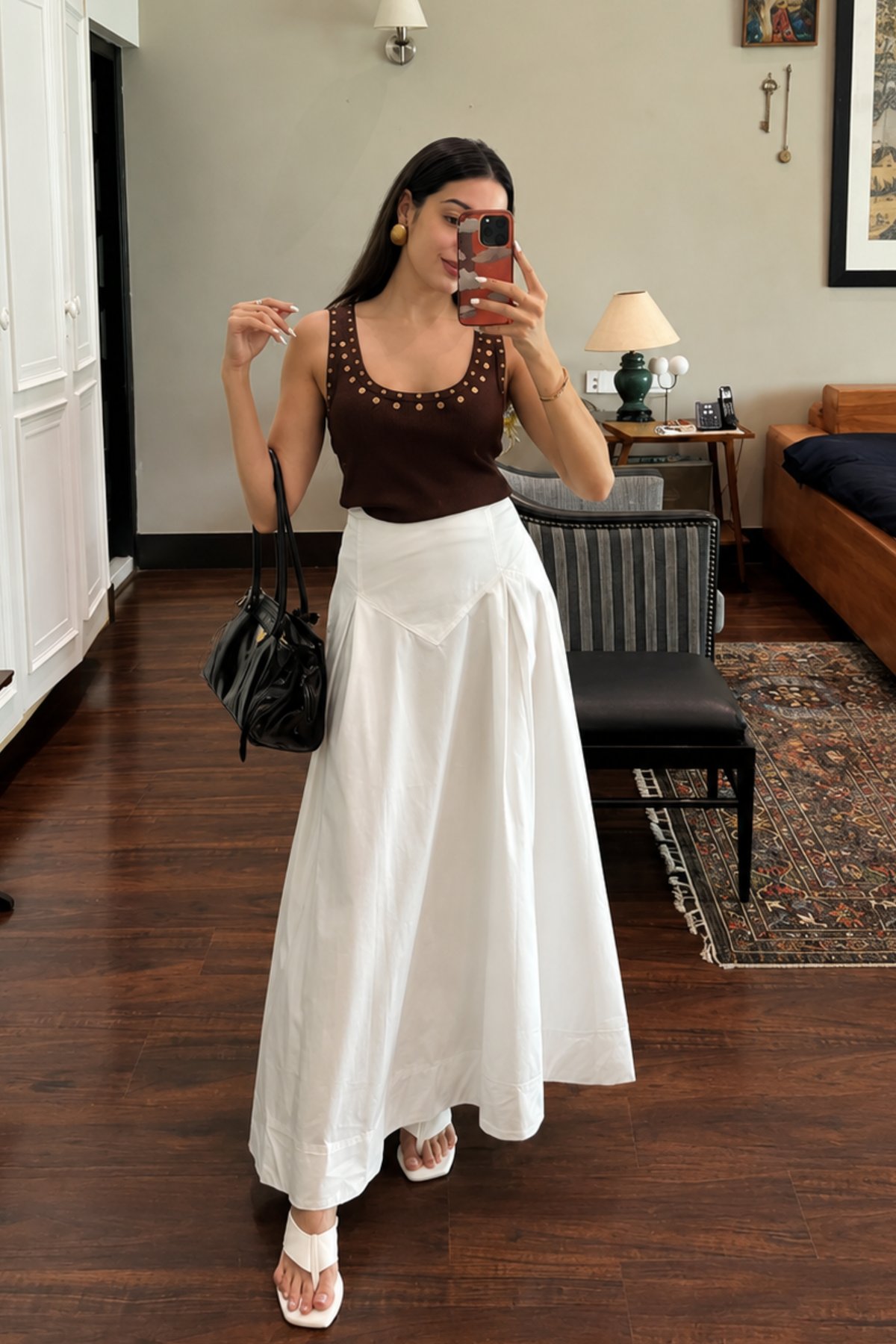 White High-Waist A-Line Midi Skirt