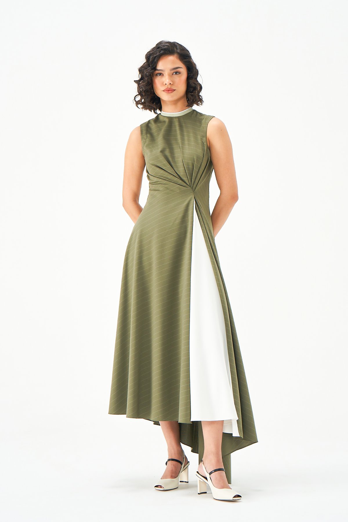 Light Green/White High-Neck Asymmetrical Maxi Dress