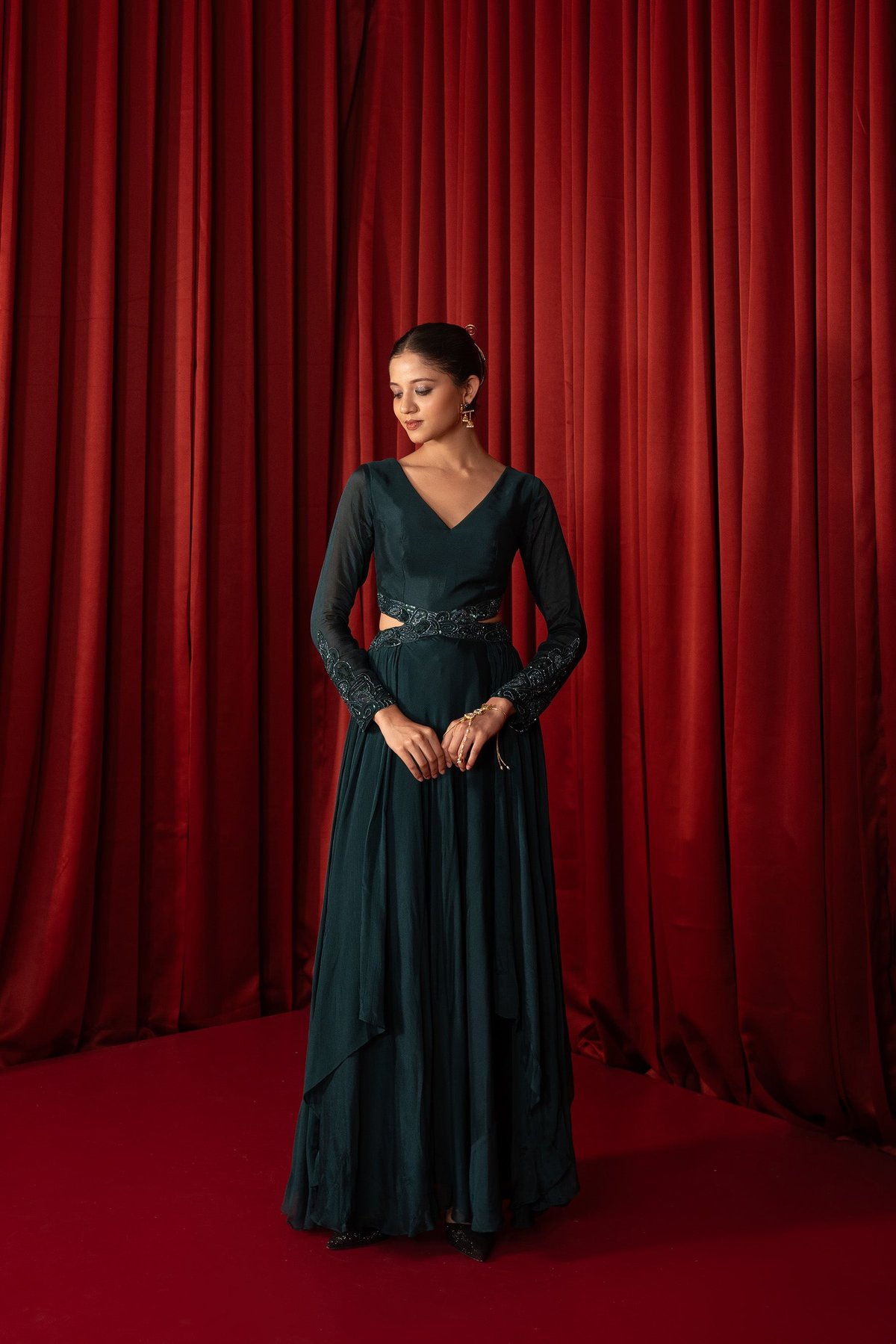 Teal Green Chiffon Maxi Gown with Tonal Embroidery