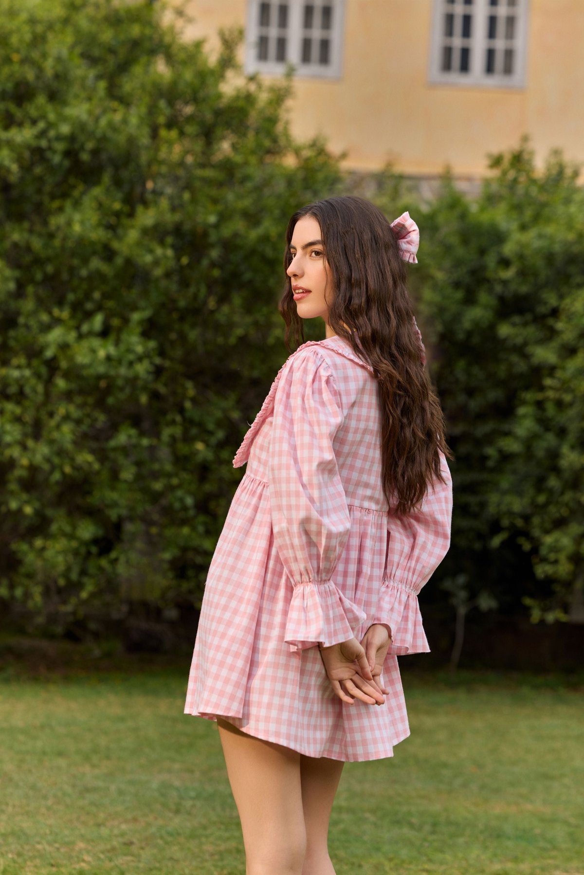 Pink Checked Fit and Flare Mini Dress with Peter Pan Collar
