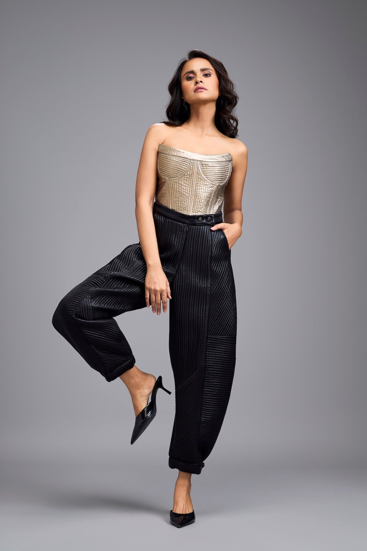 Black High-Rise Quilted Tapered Trousers