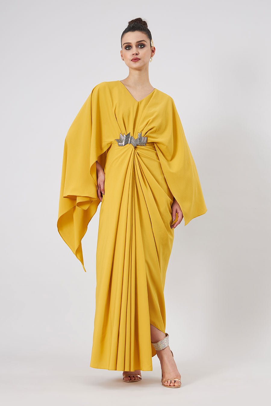 Yellow Draped Maxi Gown with Cape Sleeves