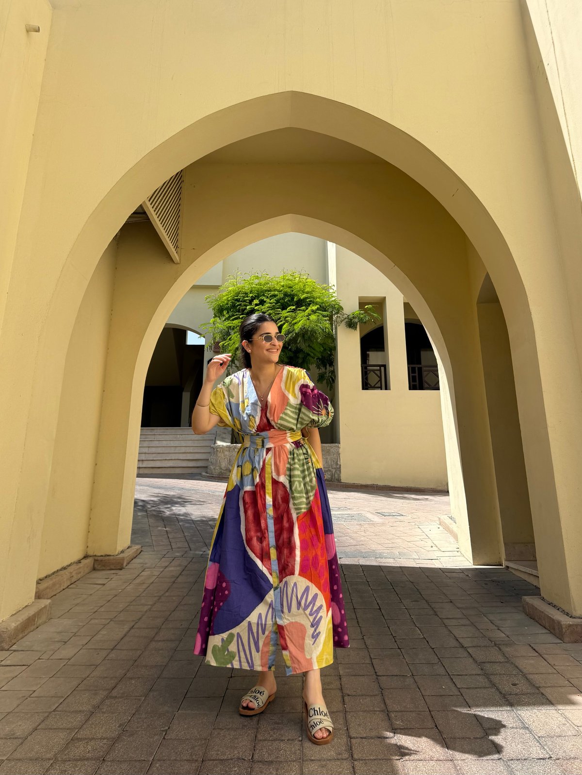 Multicolor Abstract Printed Cotton Poplin Belted Midi Dress
