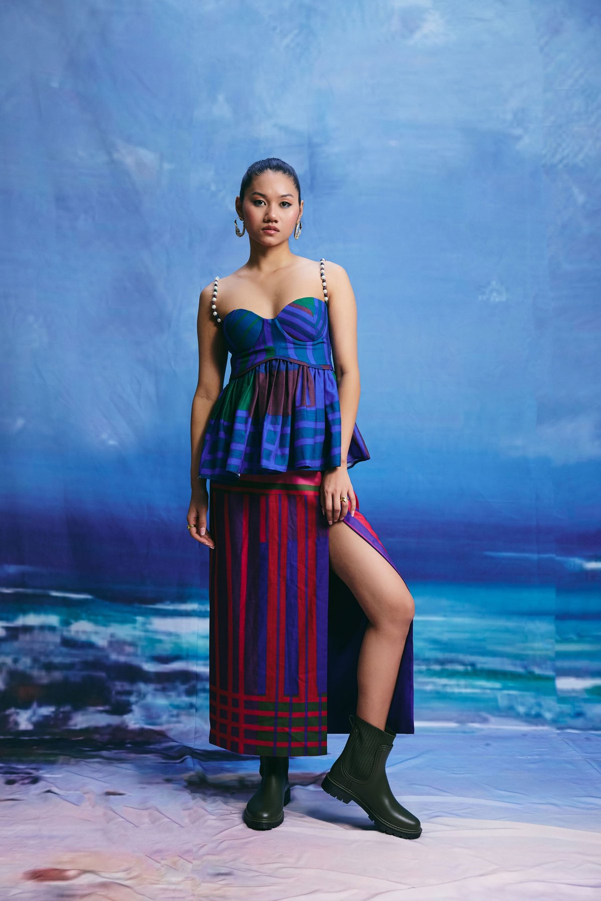 Multicolour Bustier and Slit Midi Skirt Co-ord Set