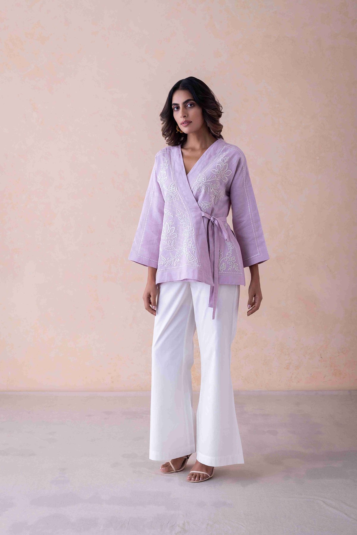 Lilac Linen Wrap Jacket with Dori Embroidery