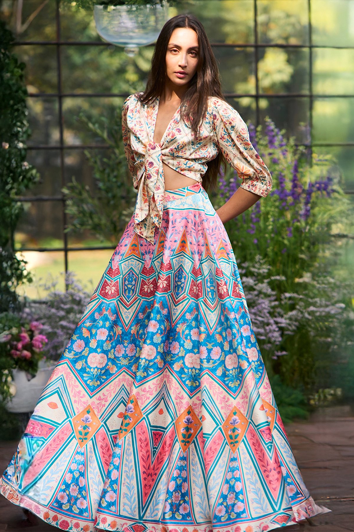 Floral Print Front-Tie Top & Mosaic Print Skirt