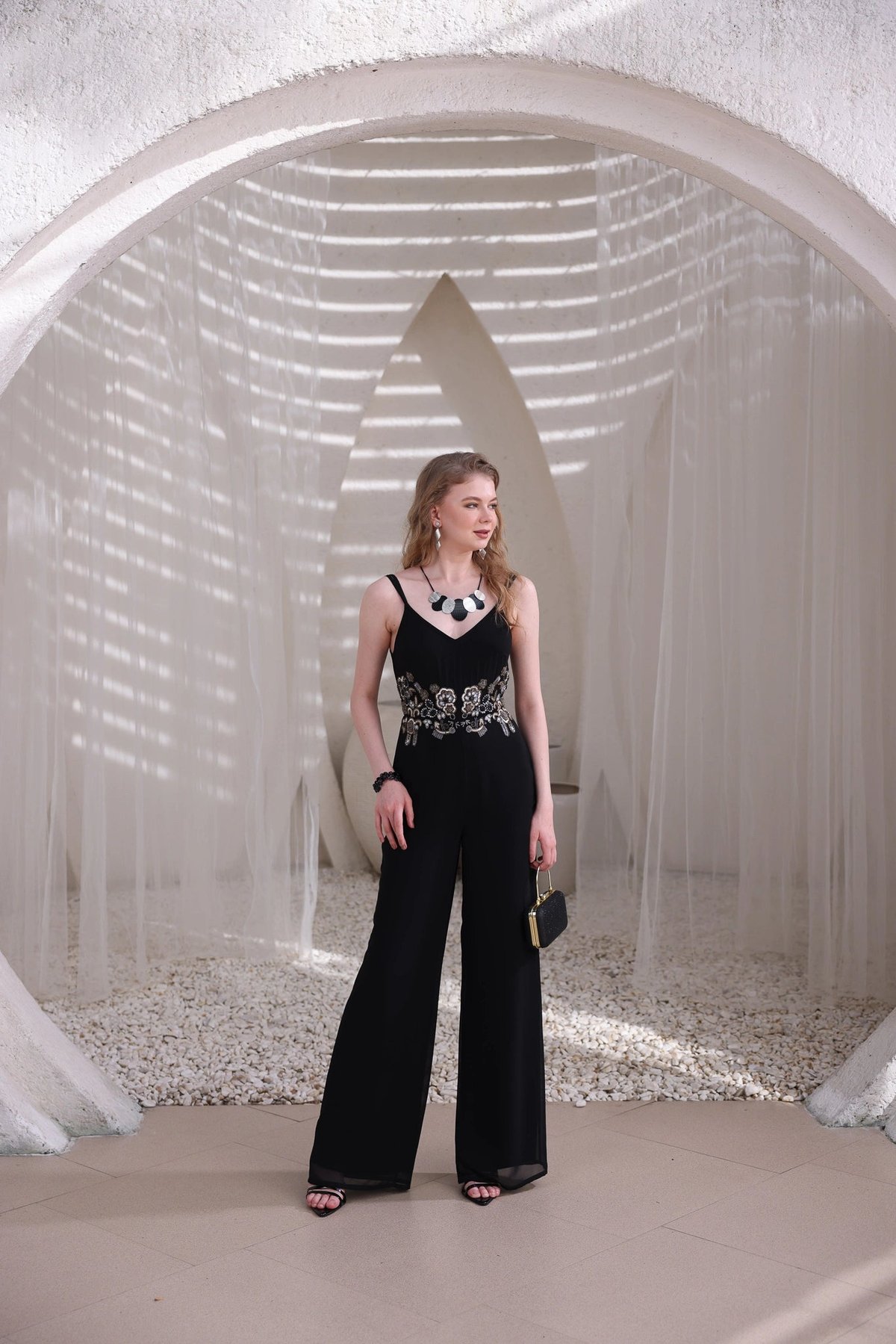 Black Embellished Wide-Leg Georgette Jumpsuit