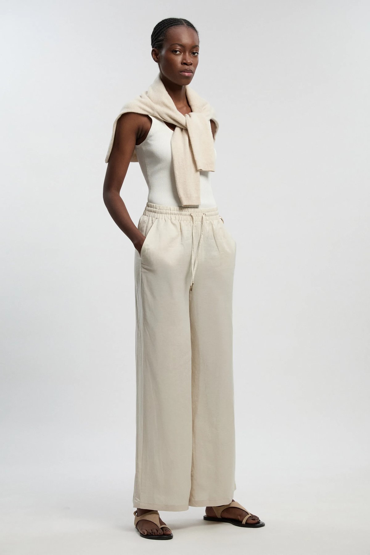 Stone Cotton Wide-Leg Drawstring Trousers