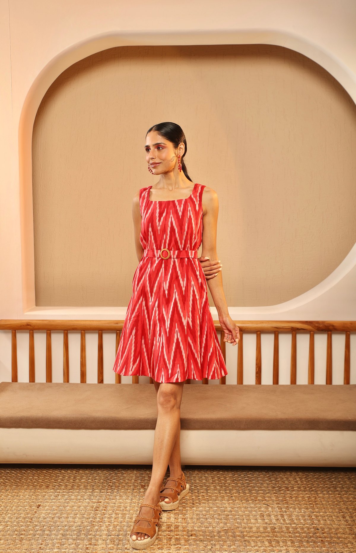 Red/Pink Ikat Chevron Belted Fit and Flare Mini Dress
