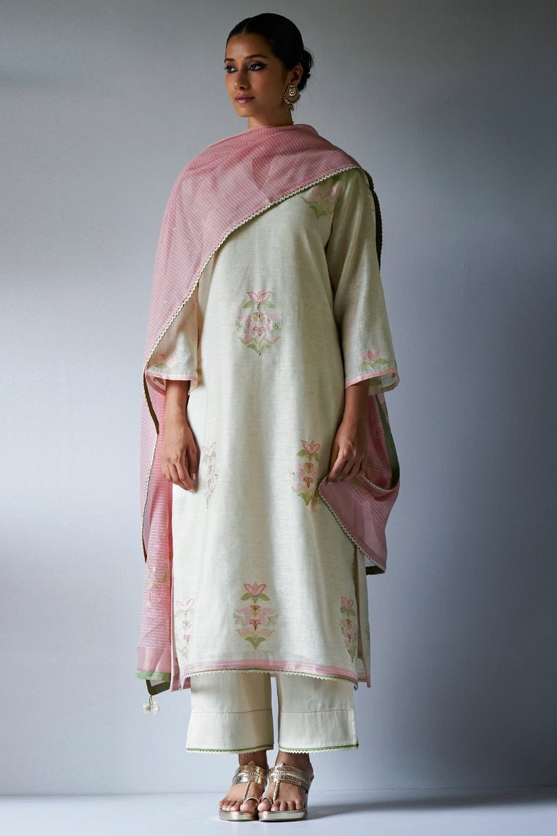 Birch Cream Straight Kurta Set With Thread and Sequin Work