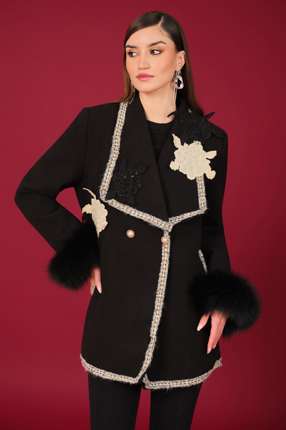Black Wool Tailored Coat with Floral Applique