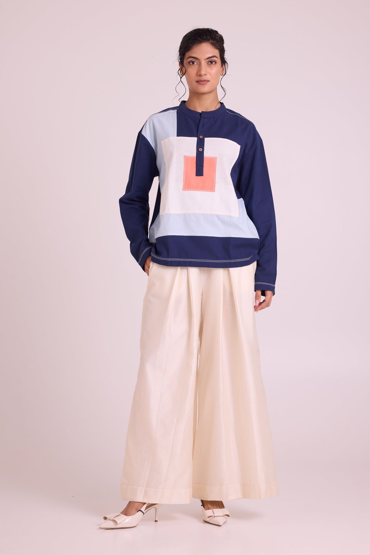 Multicolor Colorblocked Relaxed-Fit Mandarin Collar Shirt