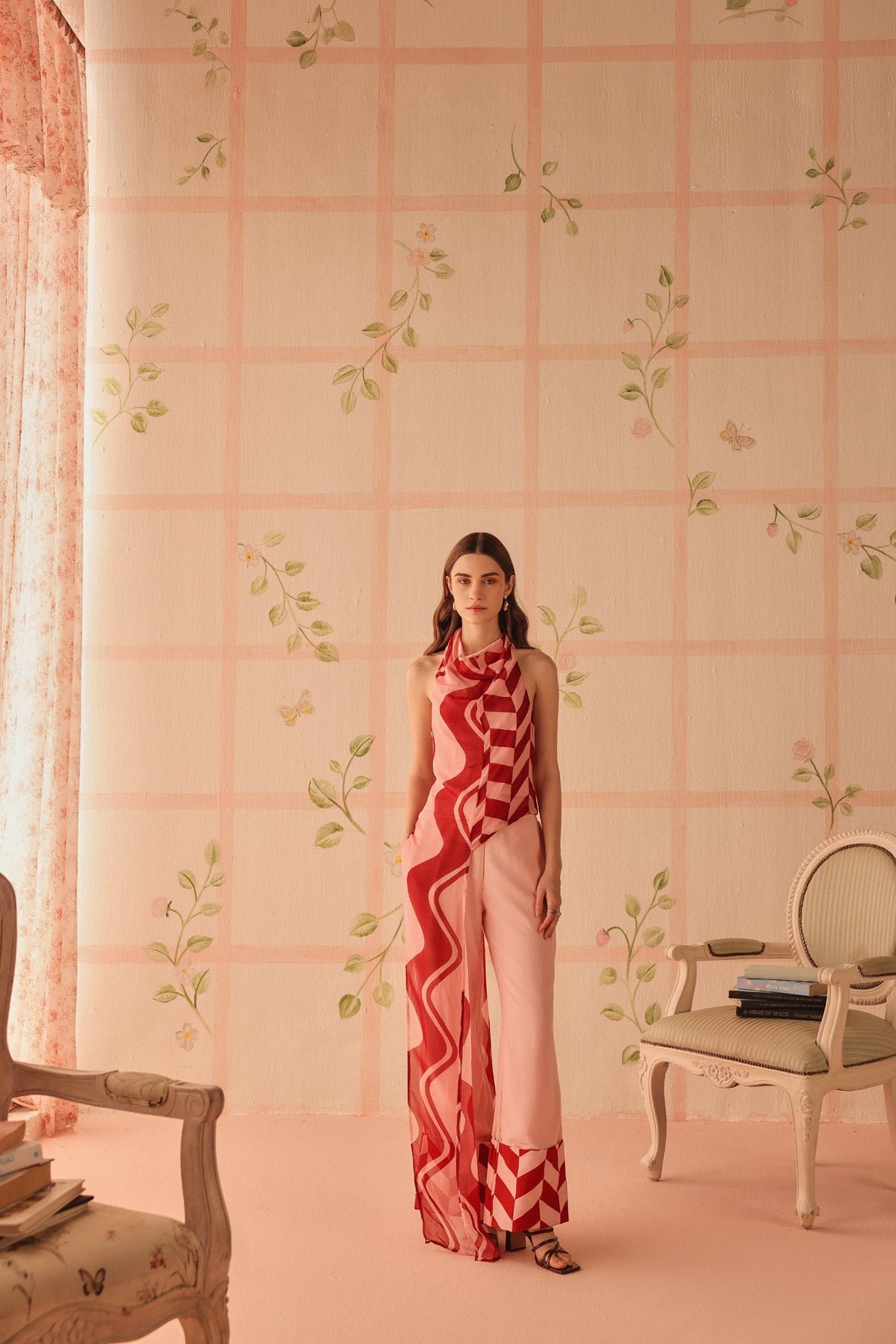 Red and Pink Printed Viscose Organza Cowl Neck Top