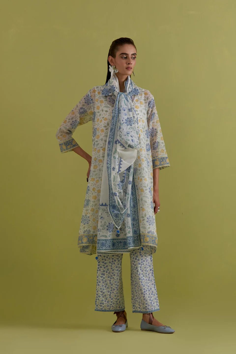 Off White Hand Block Printed Short Kurta Set