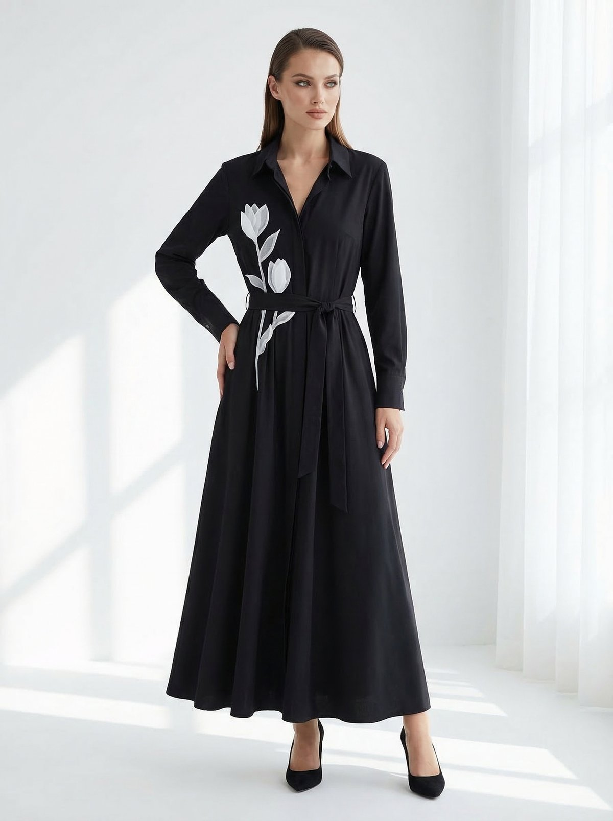 Black Maxi Shirt Dress with White Floral Applique