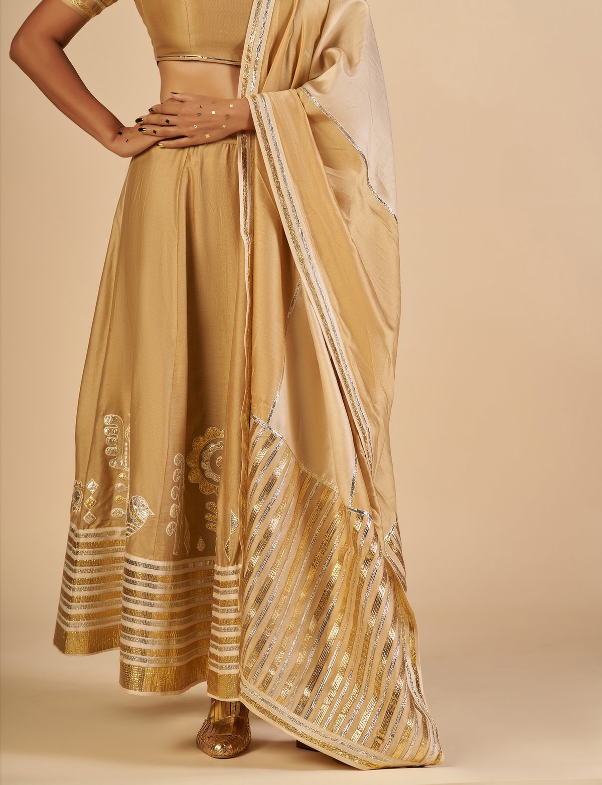 Beige Silk Chanderi Gota Border Maxi Skirt