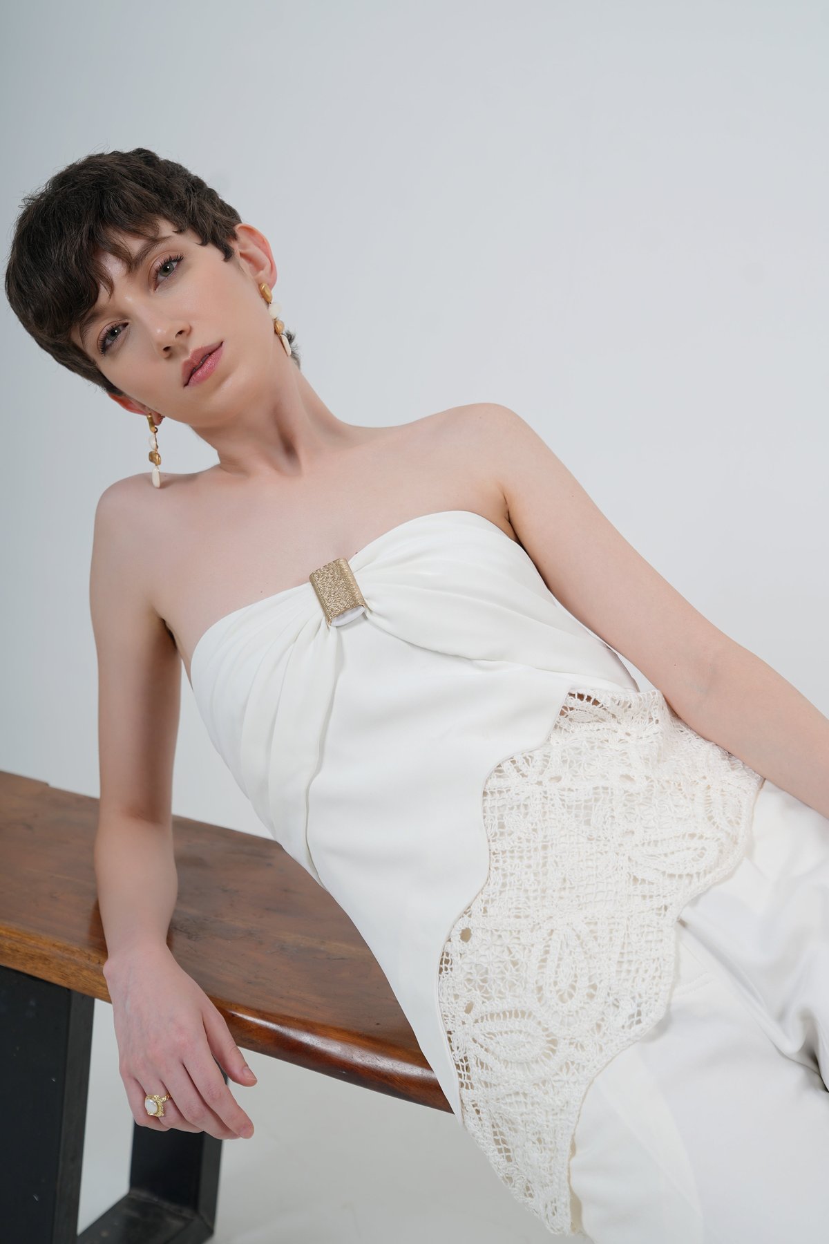 White Strapless Longline Top with Brooch and Crochet Hem