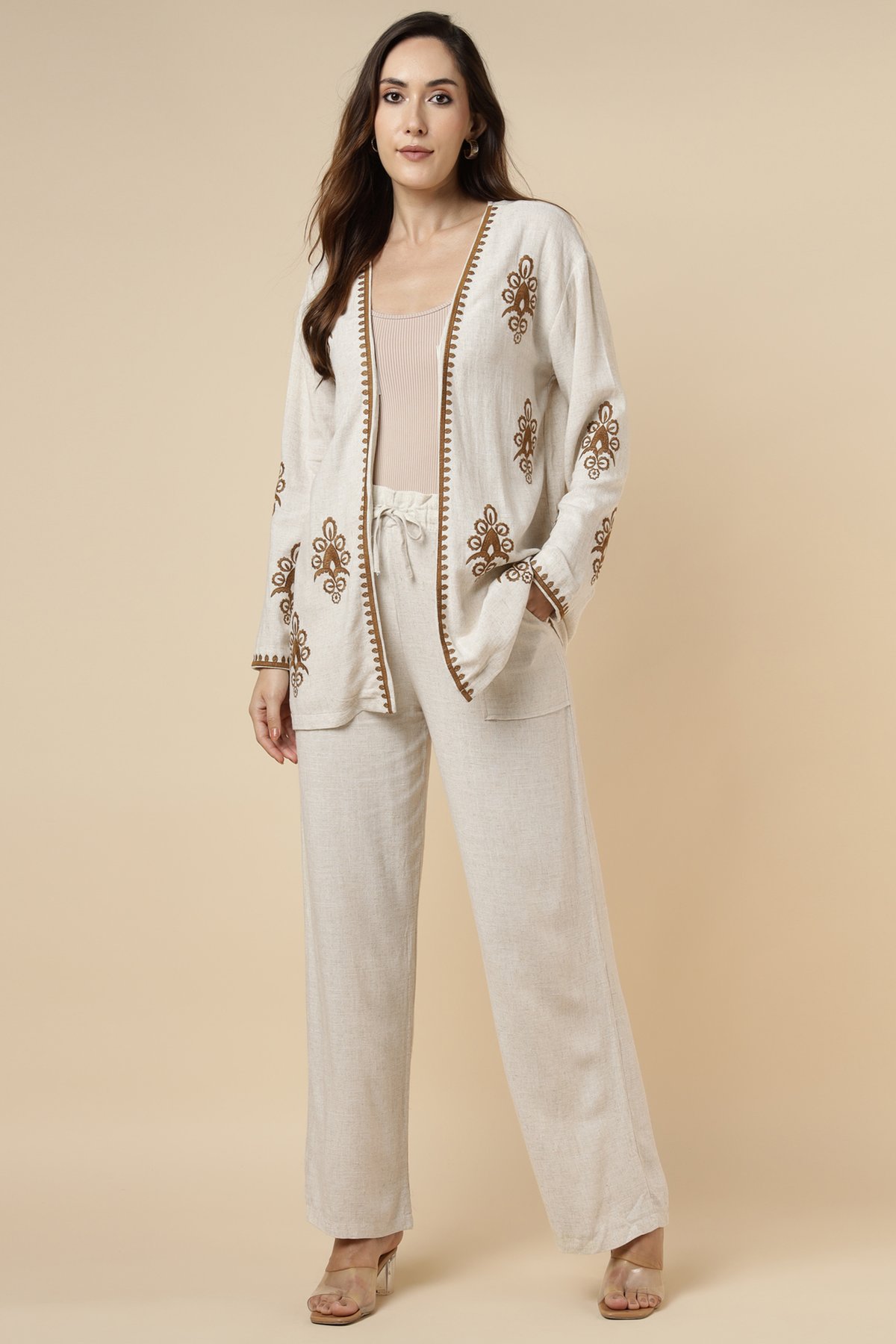 Natural Cotton Shrug and Wide-Leg Pants Co-ord Set