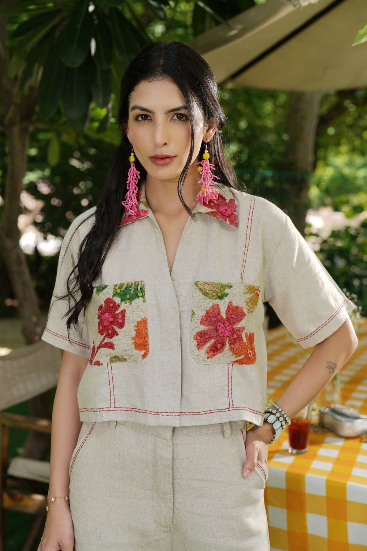 Natural Linen Cropped Shirt with French Knot Embroidery