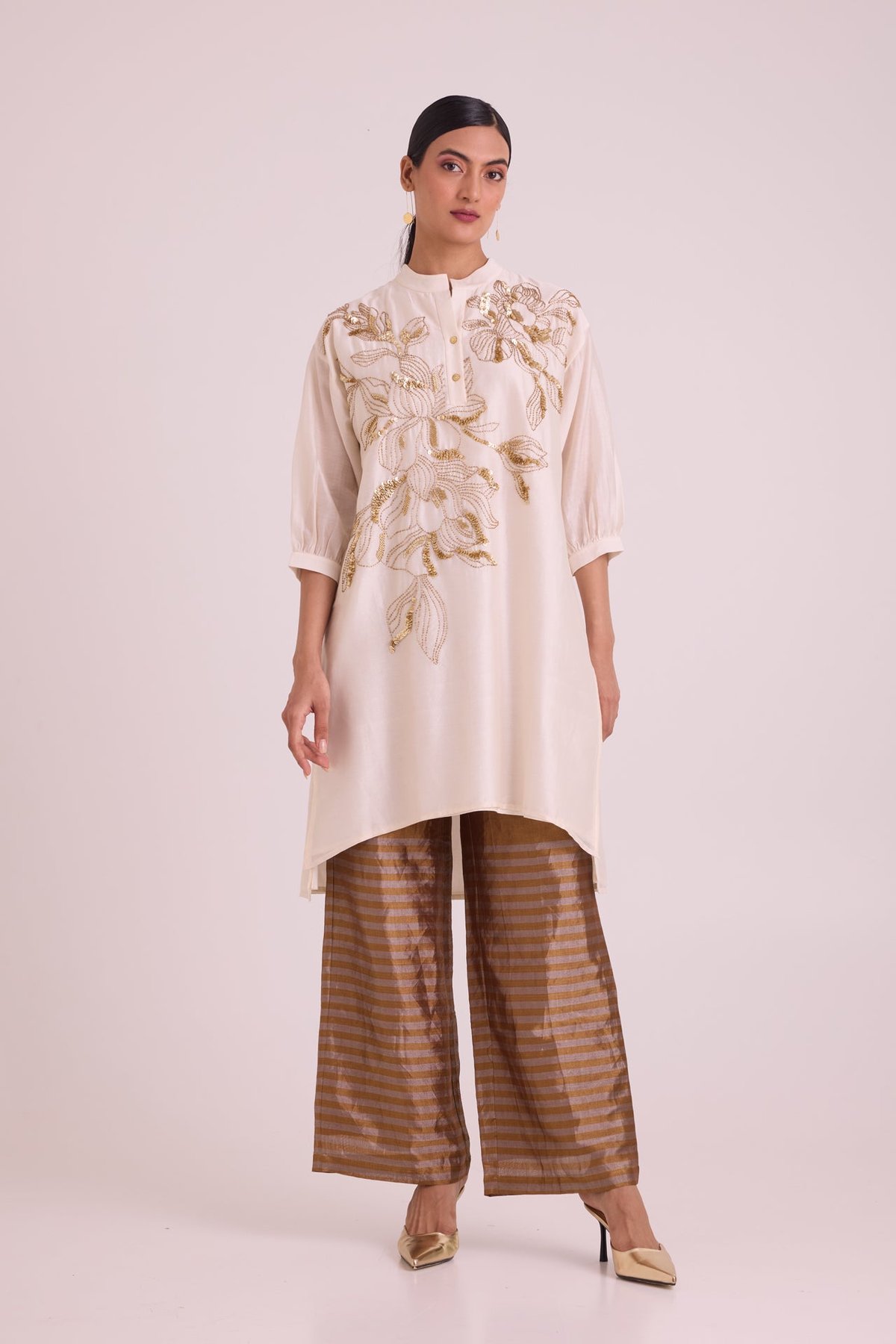 Ivory Embroidered Tunic and Wide-Leg Pants Co-ord Set