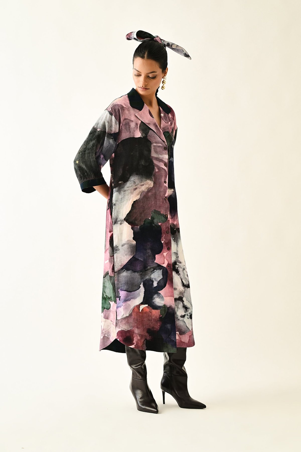 Multicolor Abstract Print Button-Front Midi Shirt Dress