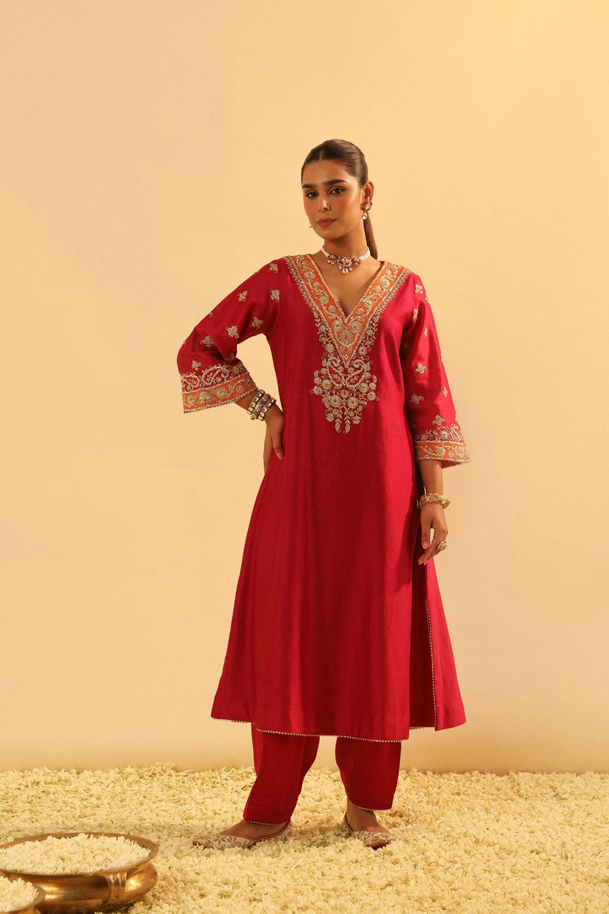 Red A-Line Choga Kurta Set with Embroidered V-Neck