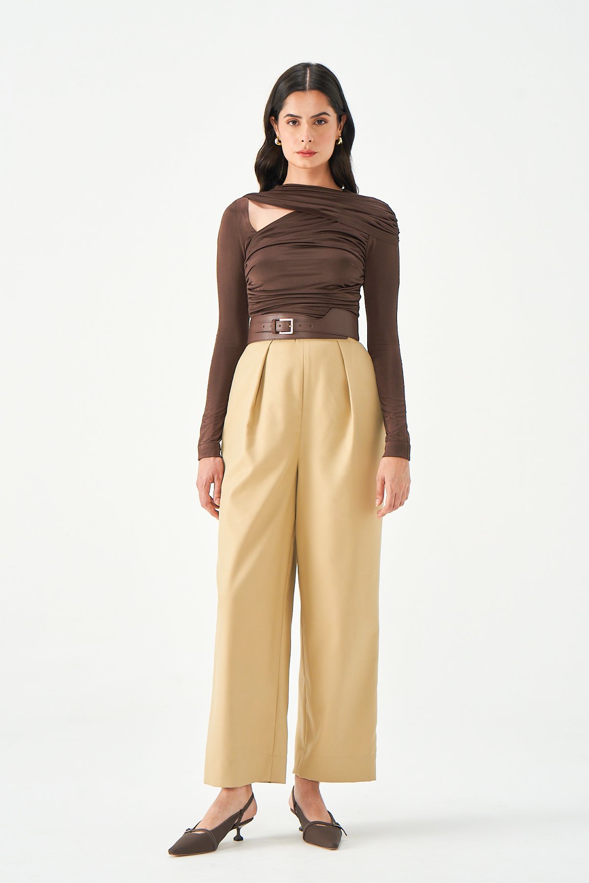 Dark Brown/Beige Asymmetrical Neck Wide-Leg Jumpsuit