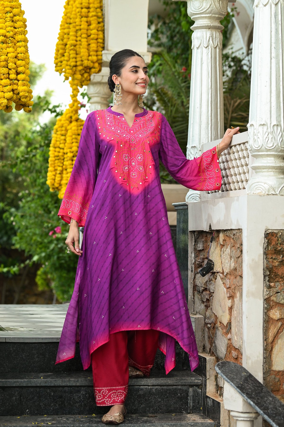 Pink Purple Lehariya Mirror Sequence Kurta Set