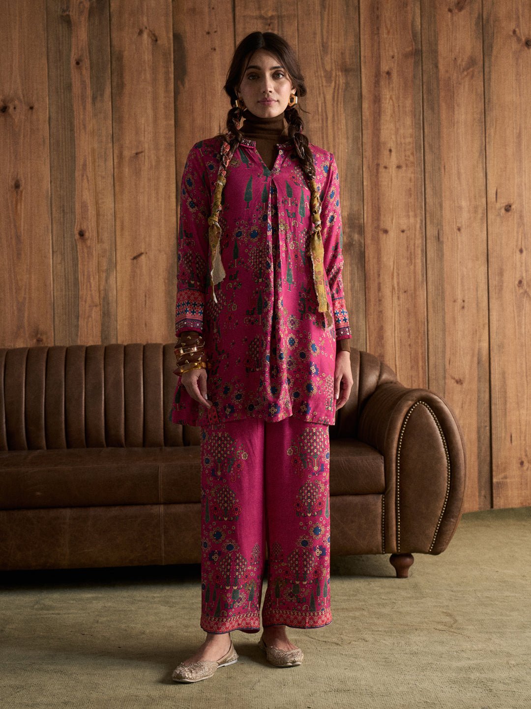 Pink Printed Kurta and Wide-Leg Pants Co-ord Set