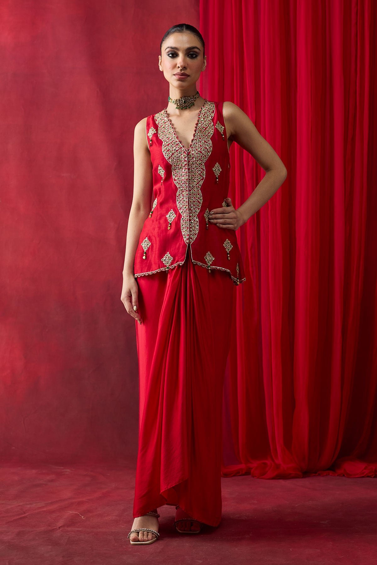 Red Embroidered Jacket and Draped Maxi Skirt Co-ord Set