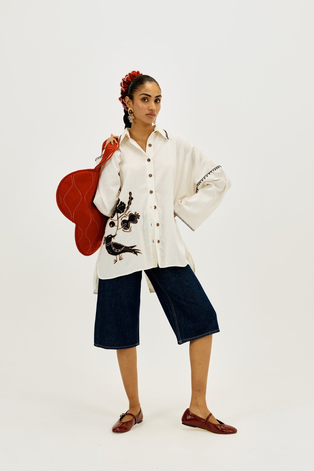 White Handloom Cotton Shirt Dress with Bird Motif
