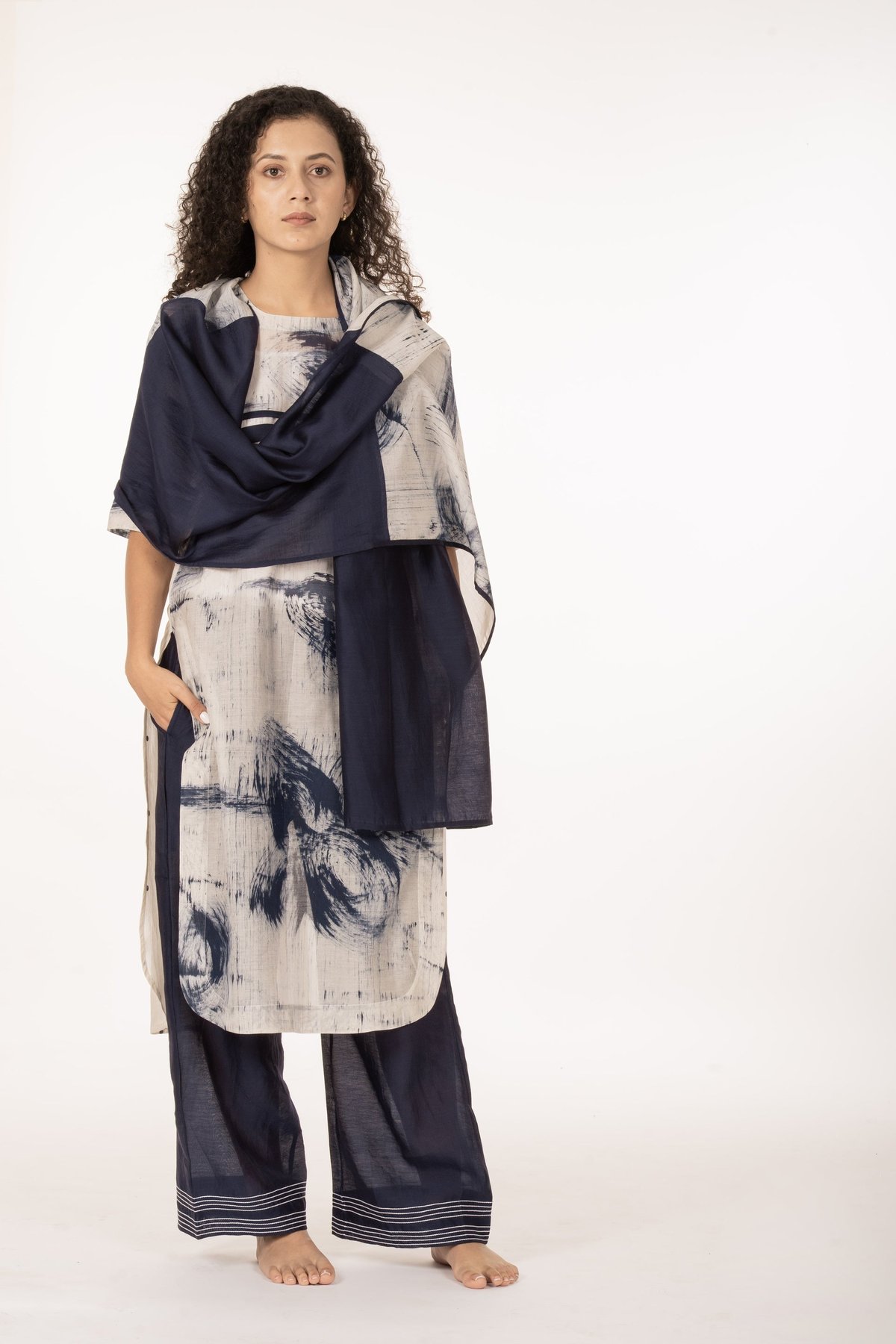 Blue Beige Abstract Print Chanderi Silk Kurta Set
