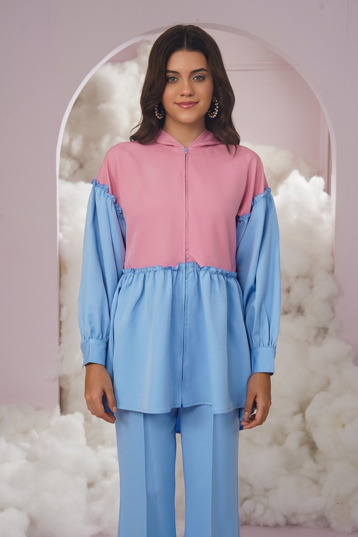 Pink and Blue Colorblock Hooded Zip-Front Tunic Top