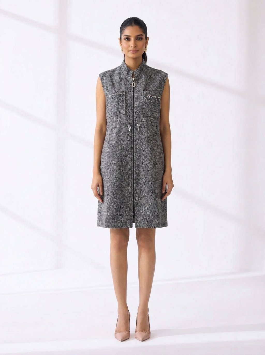Zip-Front Jacket Dress, Grey