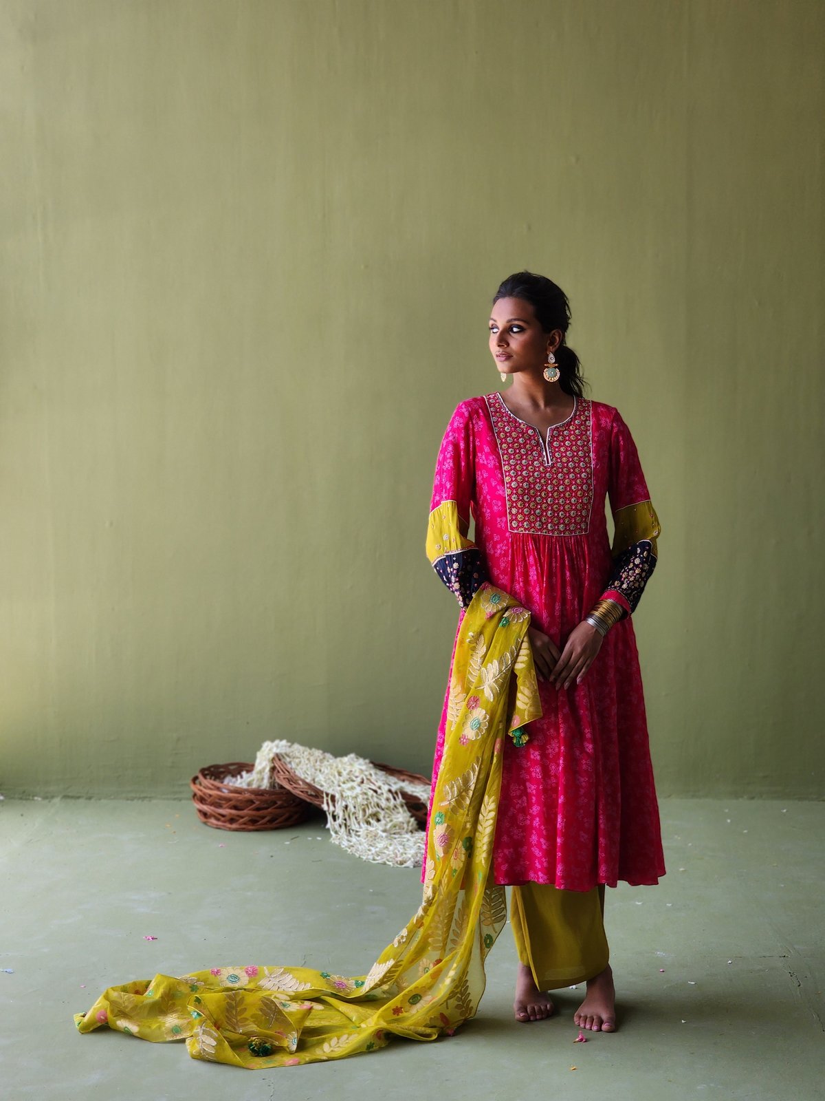 Magenta Printed Kurta Set with Colorblock Sleeves and Dupatta