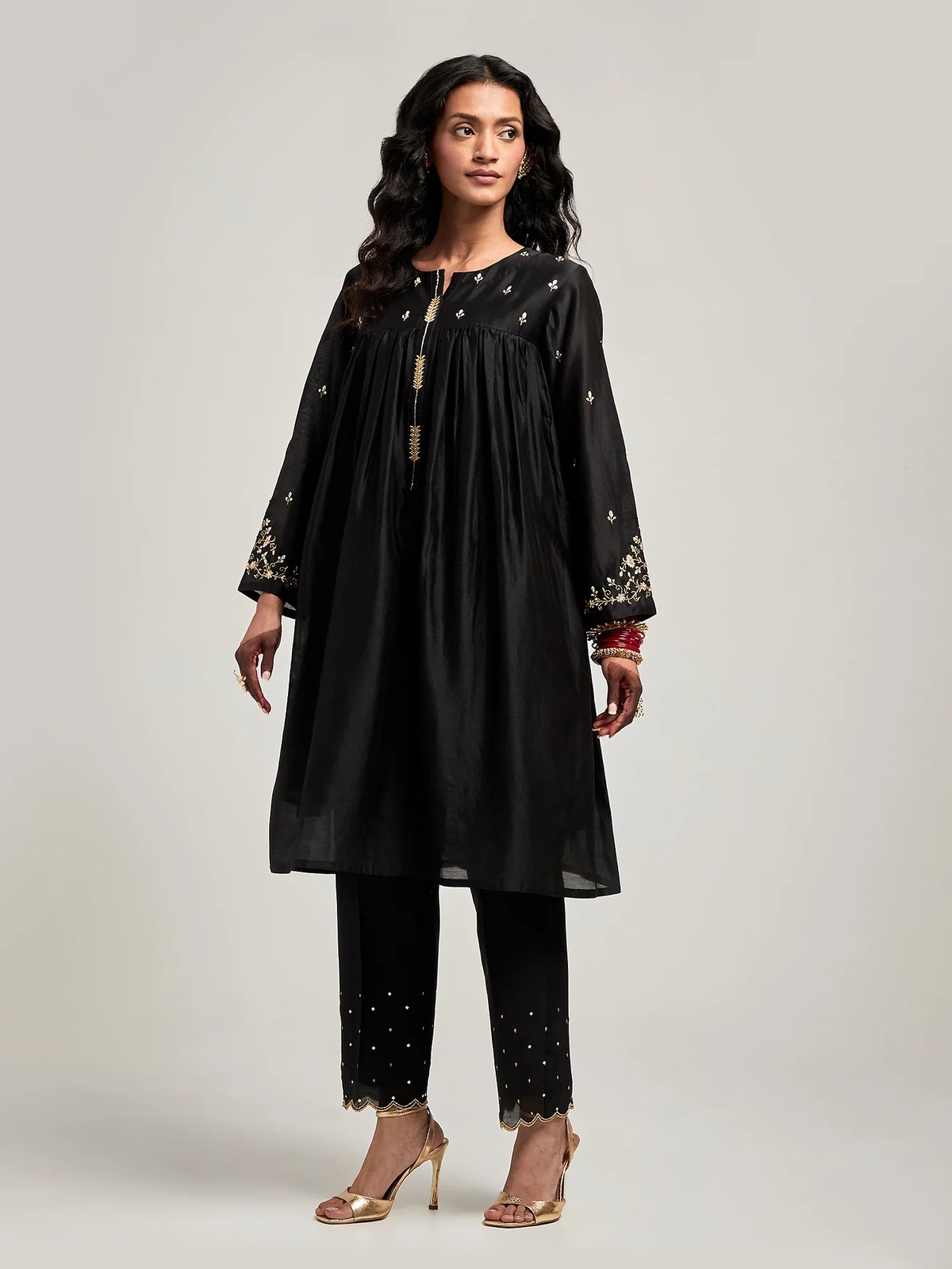 Black Silk Chanderi Embroidered Yoke Short Kurta