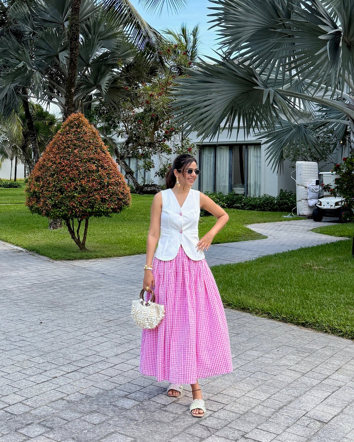 Cream Waistcoat and Pink Gingham Midi Skirt Co-ord Set