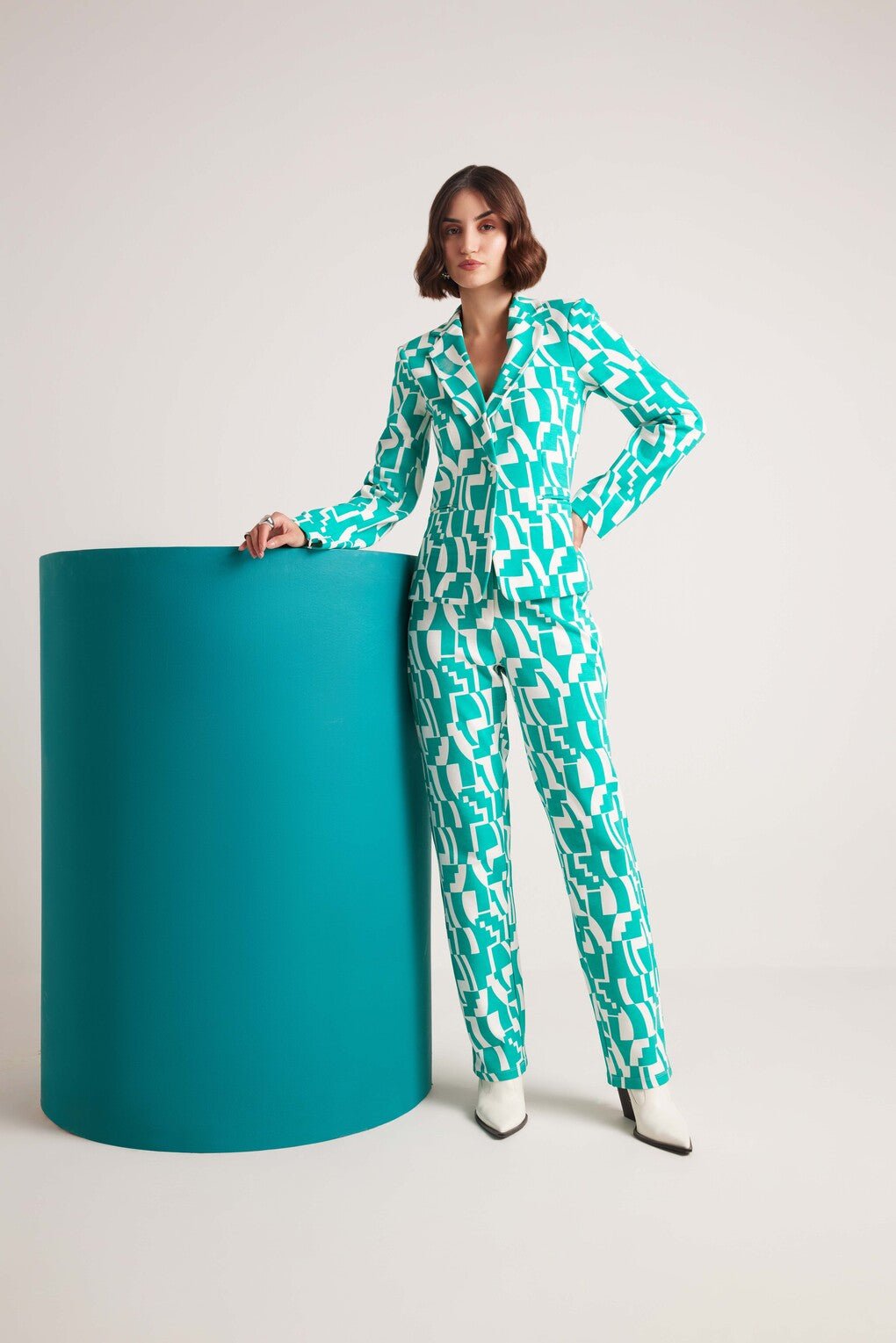 Green and White Geometric Blazer and Pants Co-ord Set